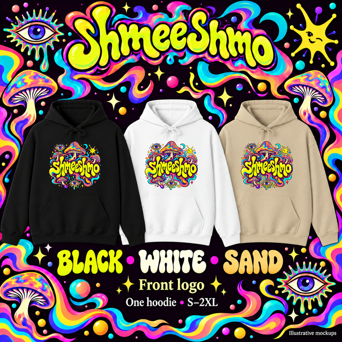 Black White and Sand hoodies with actual larger front logo proportions