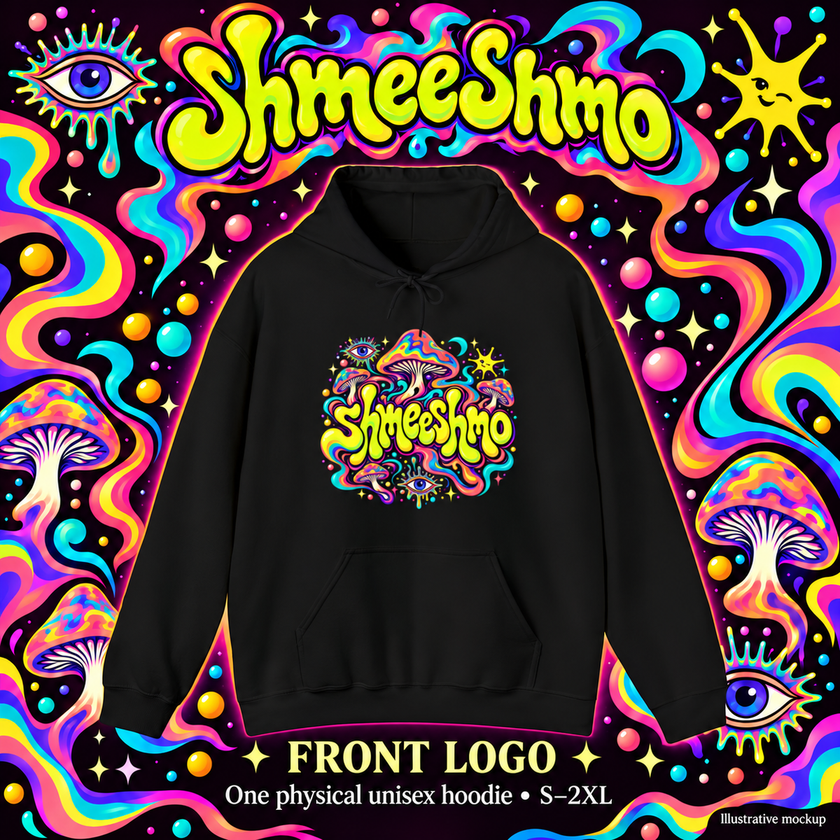 ShmeeShmo branded black hoodie with larger centred front logo