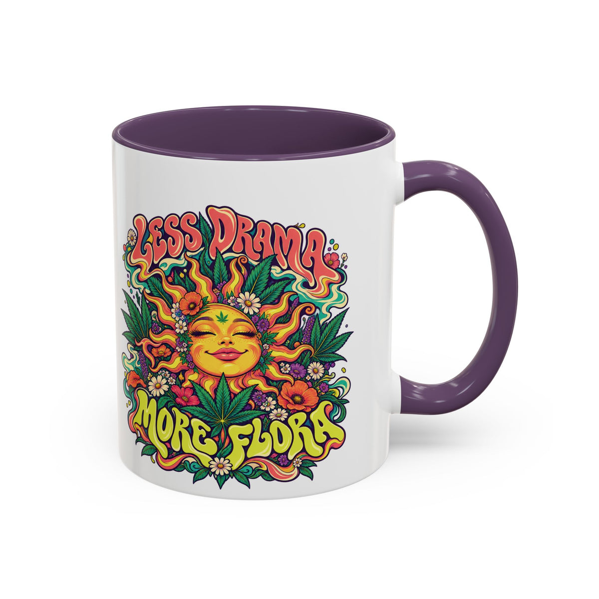 Less Drama, More Flora Psychedelic Mug, 11oz Colour Accent Coffee Cup, ShmeeShmo