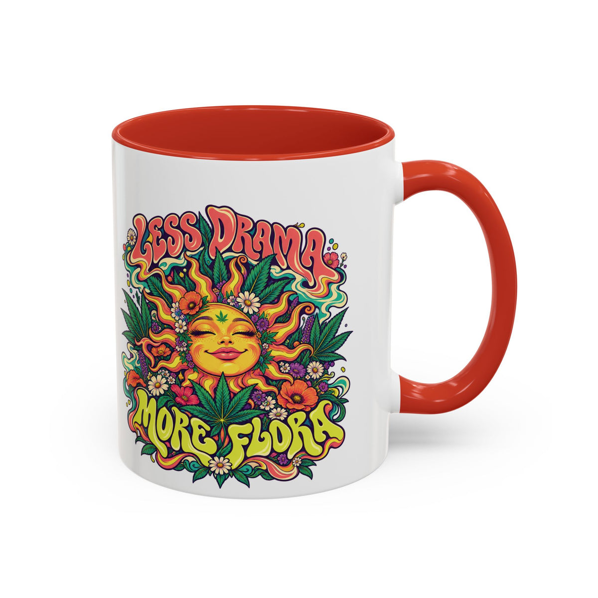 Less Drama, More Flora Psychedelic Mug, 11oz Colour Accent Coffee Cup, ShmeeShmo