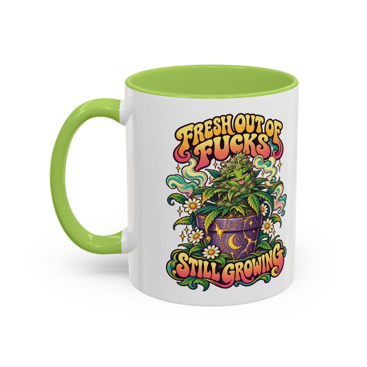 Fresh Out of Fucks, Still Growing Psychedelic Mug, 11oz Colour Accent Coffee Cup, ShmeeShmo