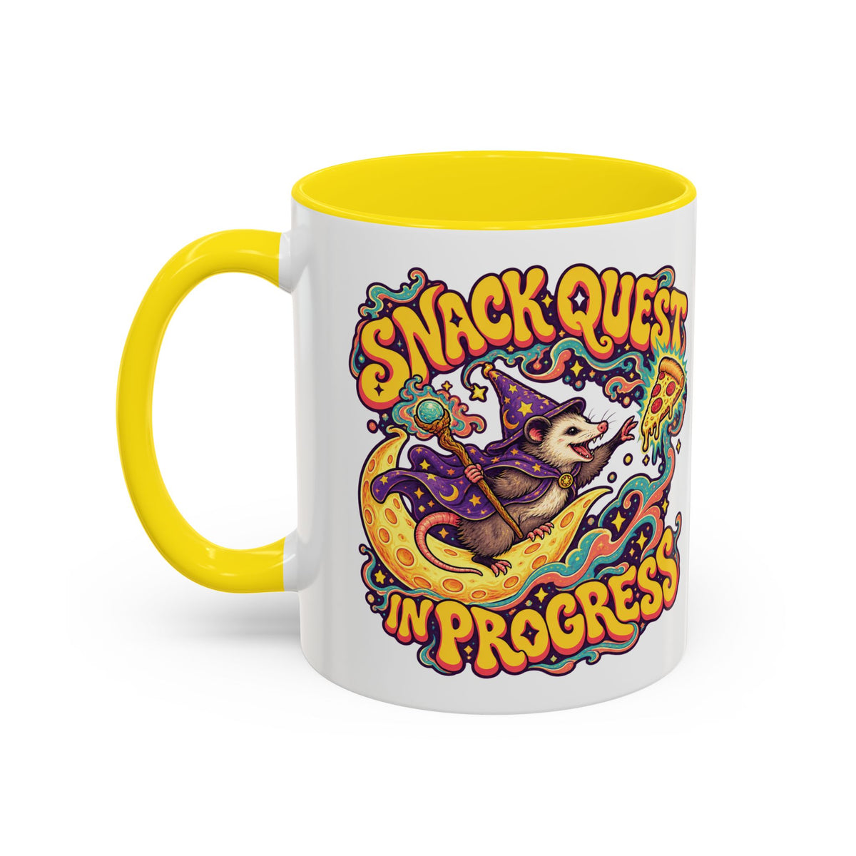 Snack Quest in Progress Psychedelic Mug, 11oz Colour Accent Coffee Cup, ShmeeShmo