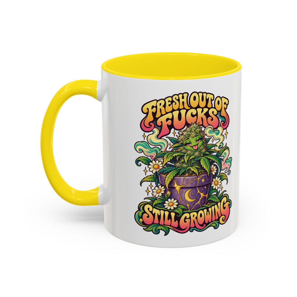 Fresh Out of Fucks, Still Growing Psychedelic Mug, 11oz Colour Accent Coffee Cup, ShmeeShmo
