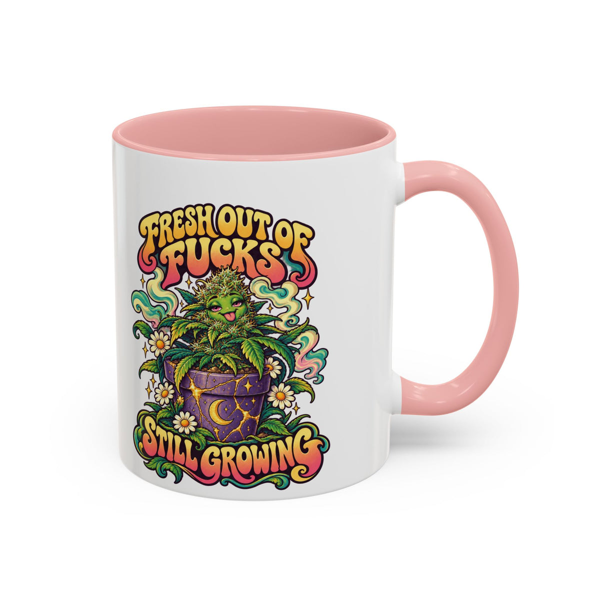 Fresh Out of Fucks, Still Growing Psychedelic Mug, 11oz Colour Accent Coffee Cup, ShmeeShmo