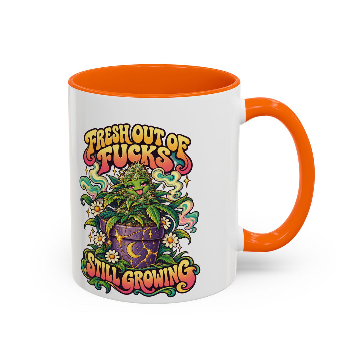 Fresh Out of Fucks, Still Growing Psychedelic Mug, 11oz Colour Accent Coffee Cup, ShmeeShmo