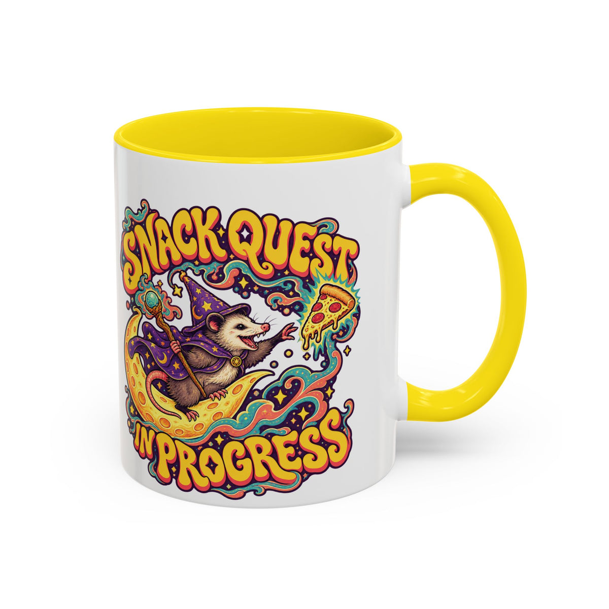 Snack Quest in Progress Psychedelic Mug, 11oz Colour Accent Coffee Cup, ShmeeShmo