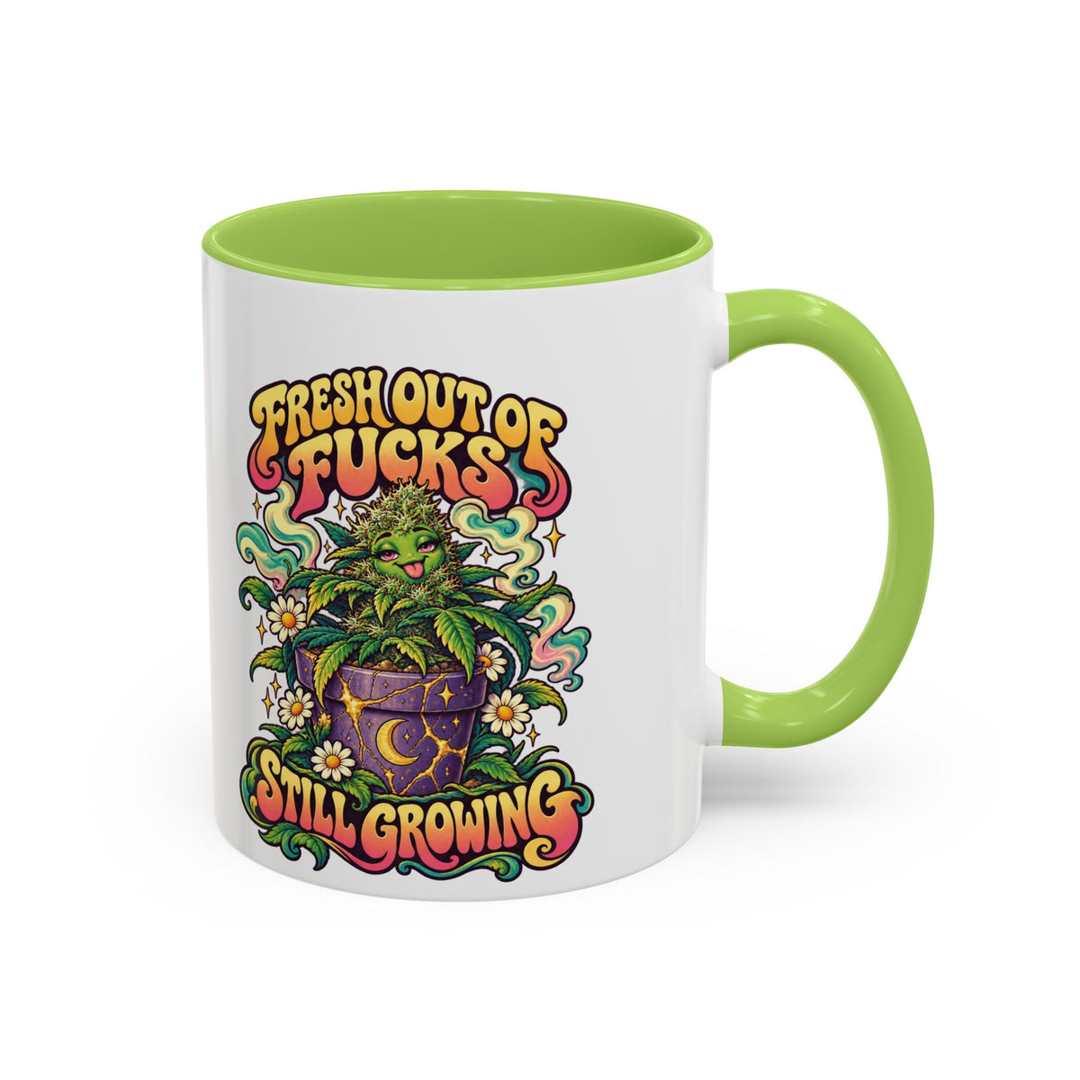 Fresh Out of Fucks, Still Growing Psychedelic Mug, 11oz Colour Accent Coffee Cup, ShmeeShmo