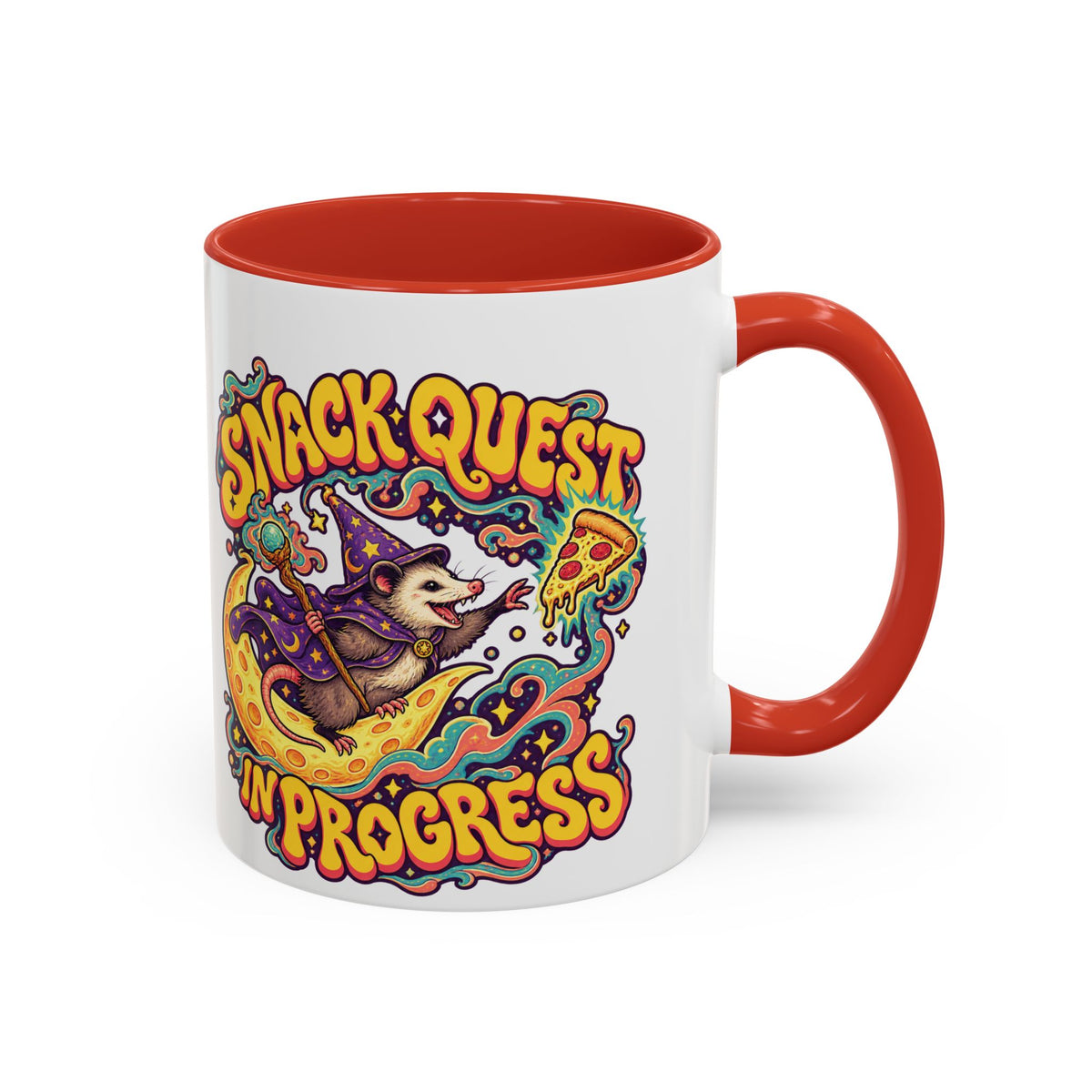Snack Quest in Progress Psychedelic Mug, 11oz Colour Accent Coffee Cup, ShmeeShmo