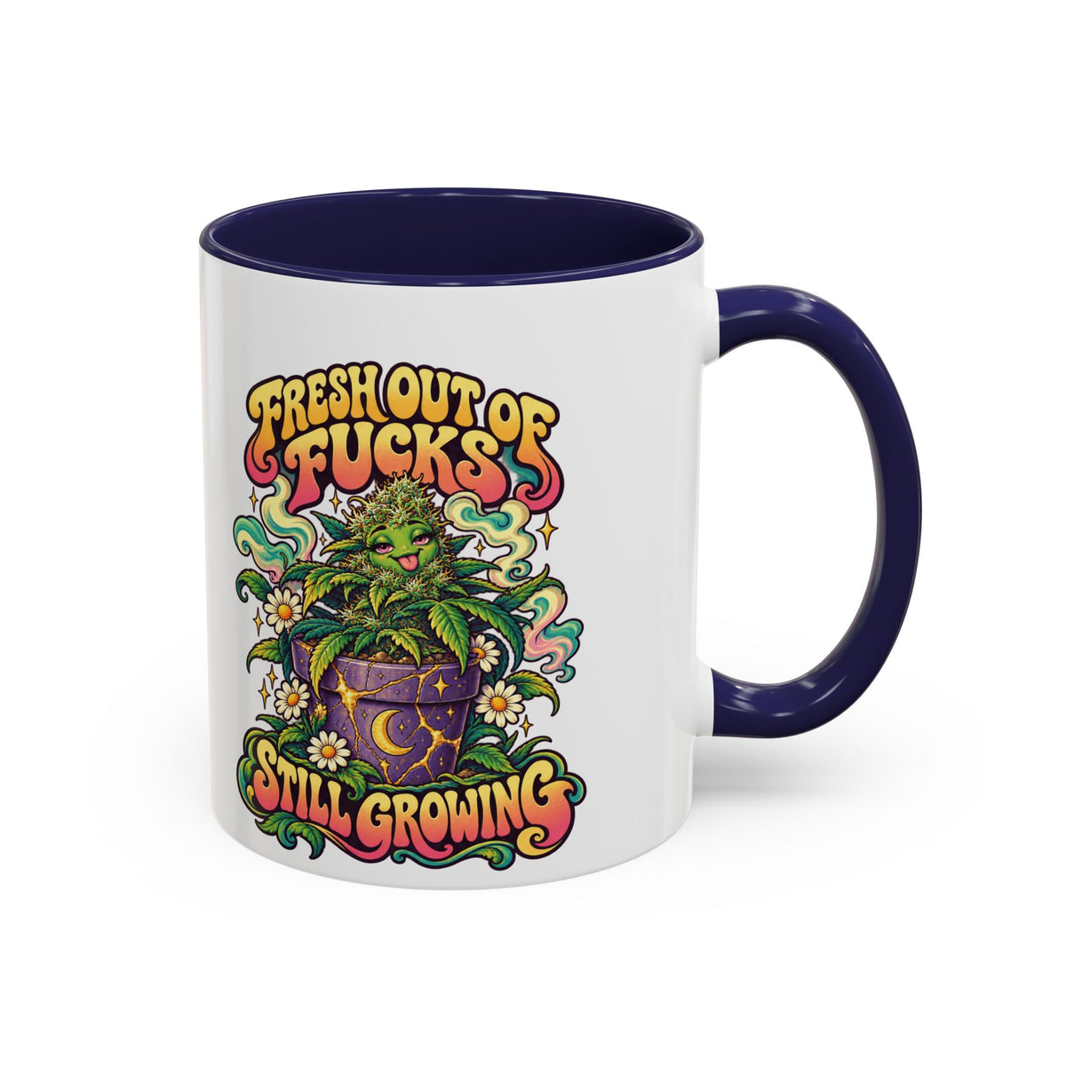 Fresh Out of Fucks, Still Growing Psychedelic Mug, 11oz Colour Accent Coffee Cup, ShmeeShmo