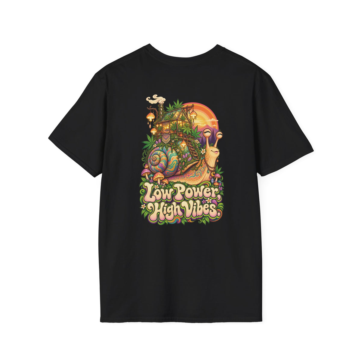 Low Power High Vibes Snail T-Shirt, Psychedelic Back Print, ShmeeShmo