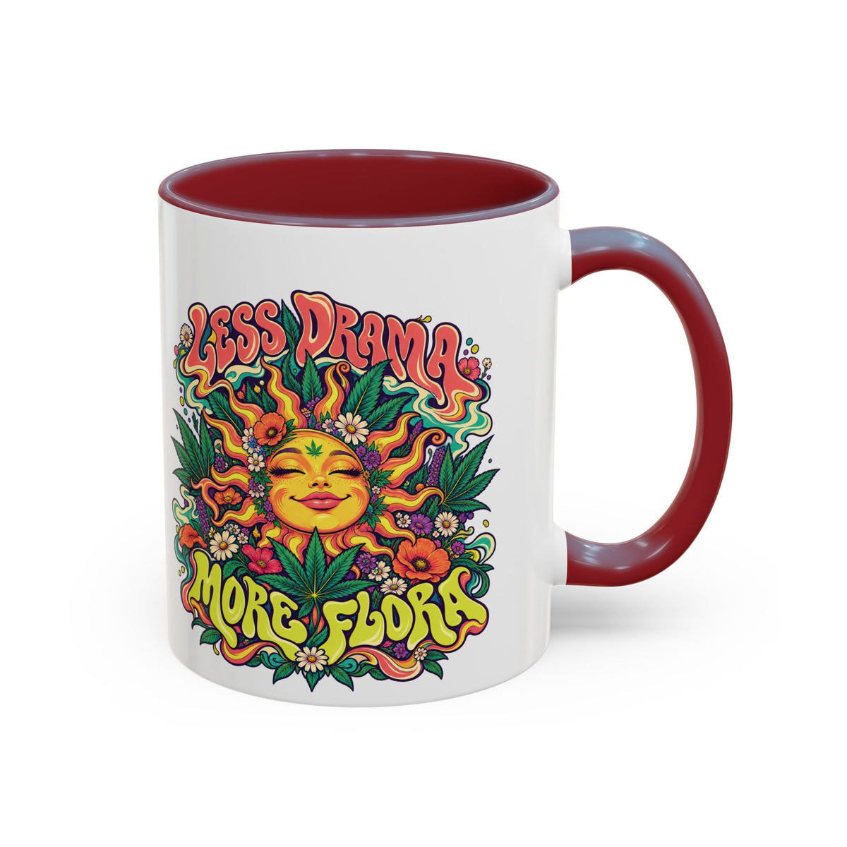 Less Drama, More Flora Psychedelic Mug, 11oz Colour Accent Coffee Cup, ShmeeShmo