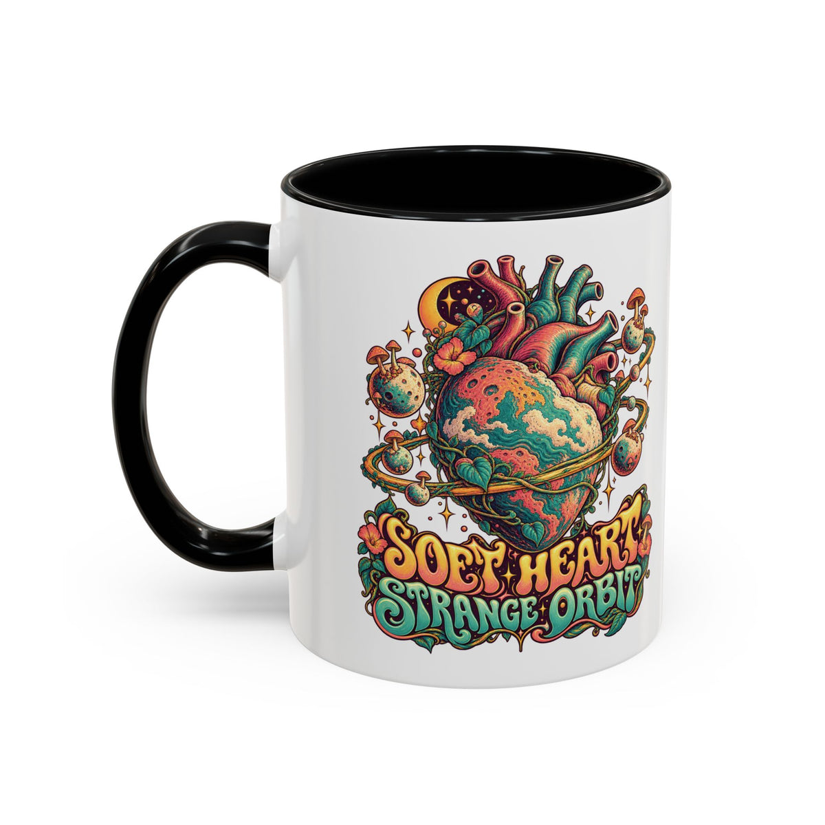 Soft Heart, Strange Orbit Psychedelic Mug, 11oz Colour Accent Coffee Cup, ShmeeShmo