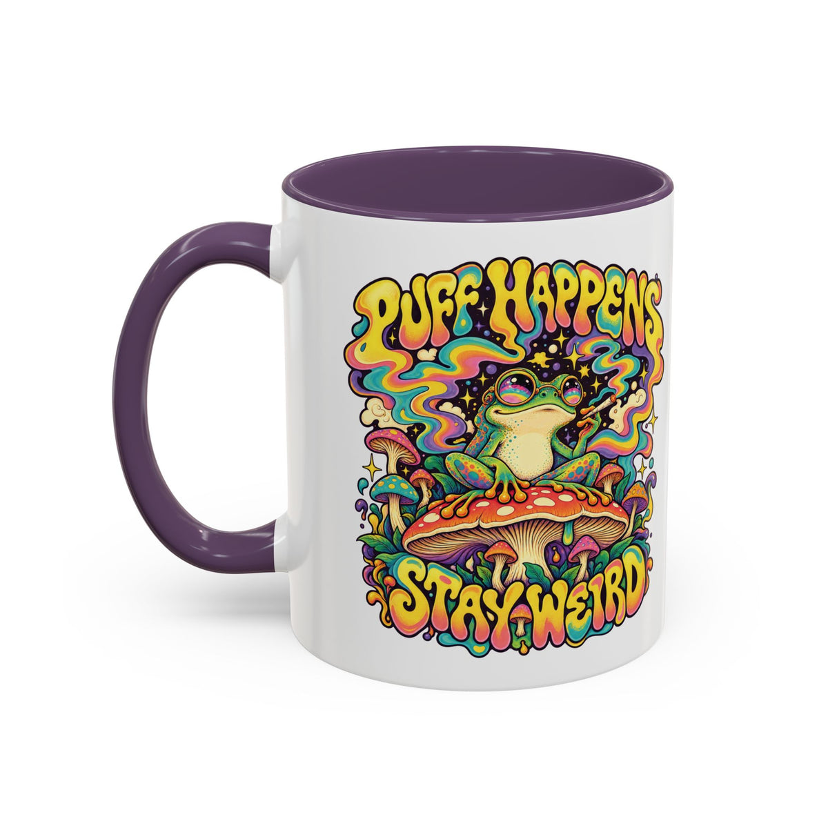 Puff Happens, Stay Weird Psychedelic Mug, 11oz Colour Accent Coffee Cup, ShmeeShmo