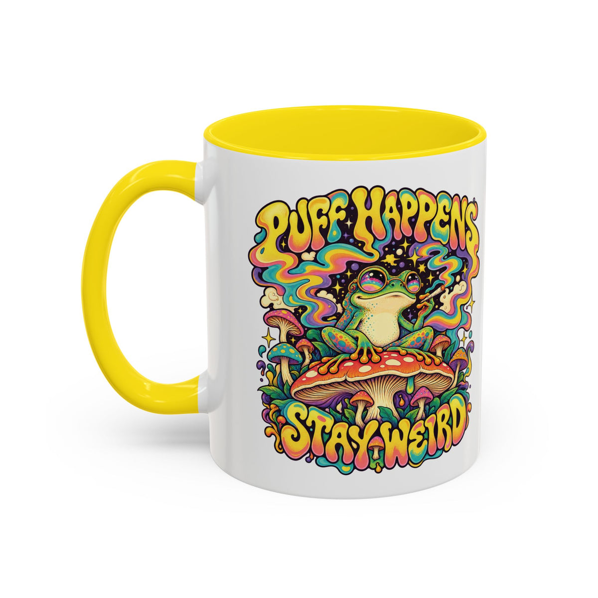 Puff Happens, Stay Weird Psychedelic Mug, 11oz Colour Accent Coffee Cup, ShmeeShmo