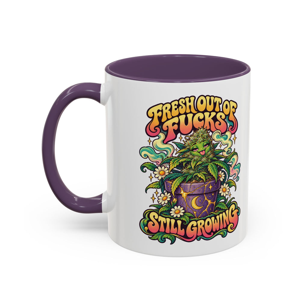 Fresh Out of Fucks, Still Growing Psychedelic Mug, 11oz Colour Accent Coffee Cup, ShmeeShmo