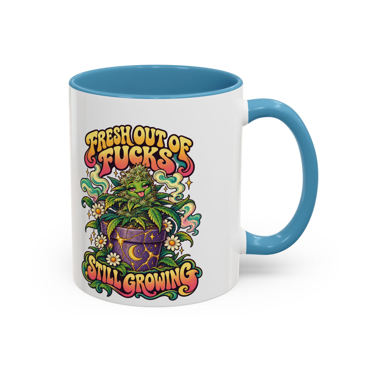 Fresh Out of Fucks, Still Growing Psychedelic Mug, 11oz Colour Accent Coffee Cup, ShmeeShmo