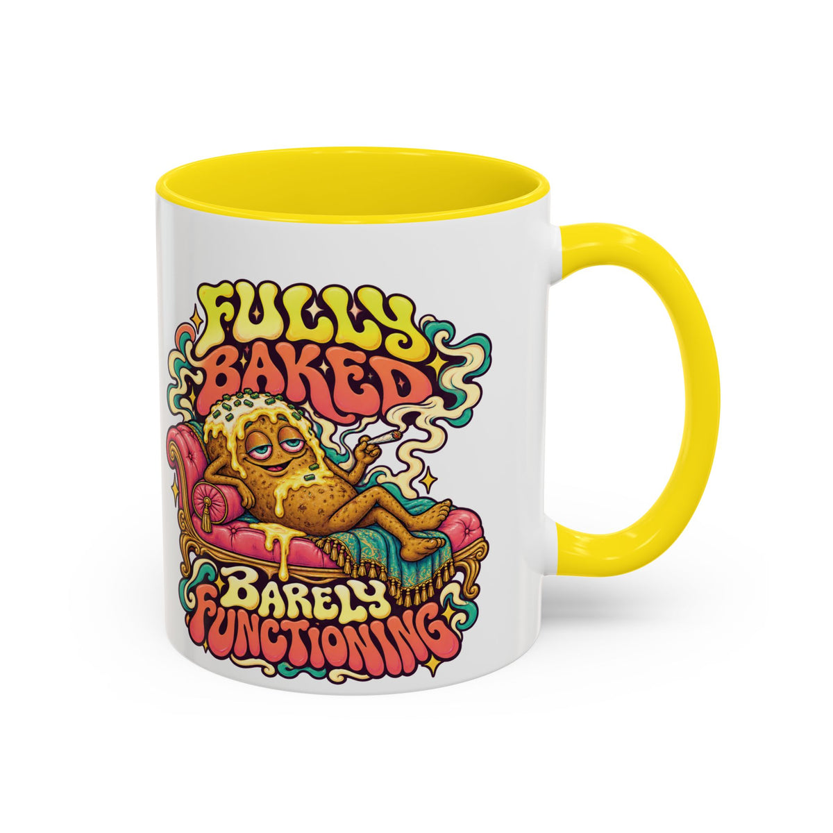 Fully Baked, Barely Functioning Psychedelic Mug, 11oz Colour Accent Coffee Cup, ShmeeShmo