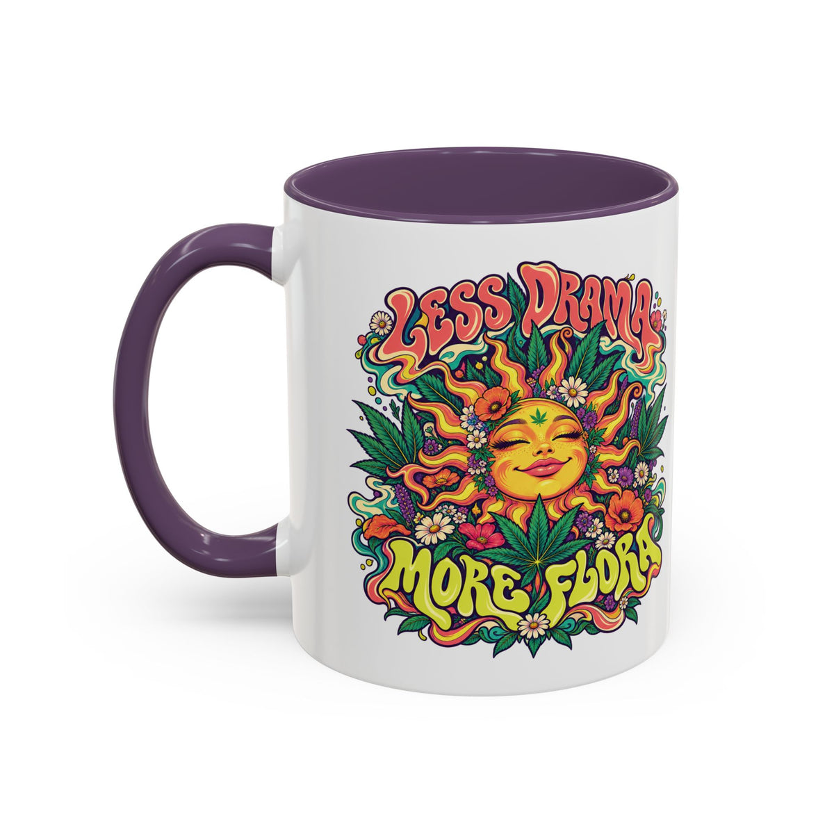 Less Drama, More Flora Psychedelic Mug, 11oz Colour Accent Coffee Cup, ShmeeShmo