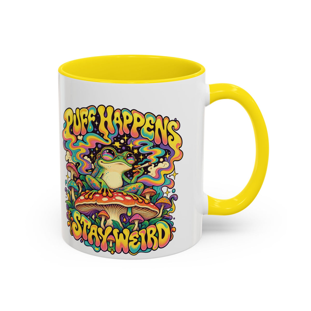 Puff Happens, Stay Weird Psychedelic Mug, 11oz Colour Accent Coffee Cup, ShmeeShmo