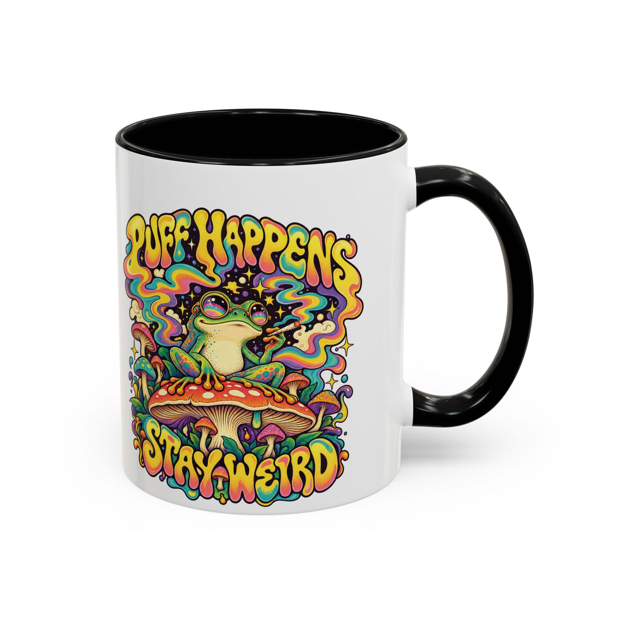 Puff Happens, Stay Weird Psychedelic Mug, 11oz Colour Accent Coffee Cup, ShmeeShmo