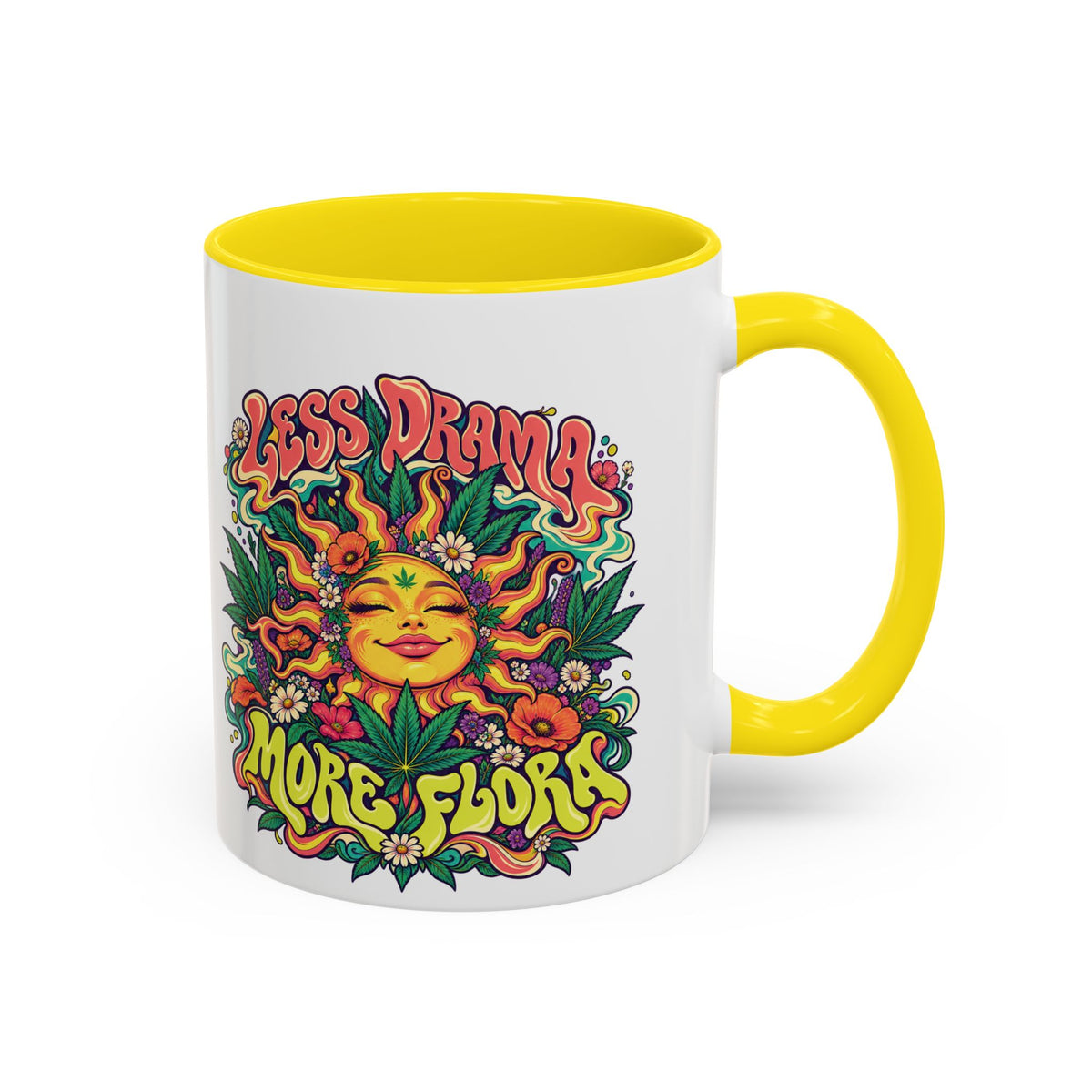 Less Drama, More Flora Psychedelic Mug, 11oz Colour Accent Coffee Cup, ShmeeShmo