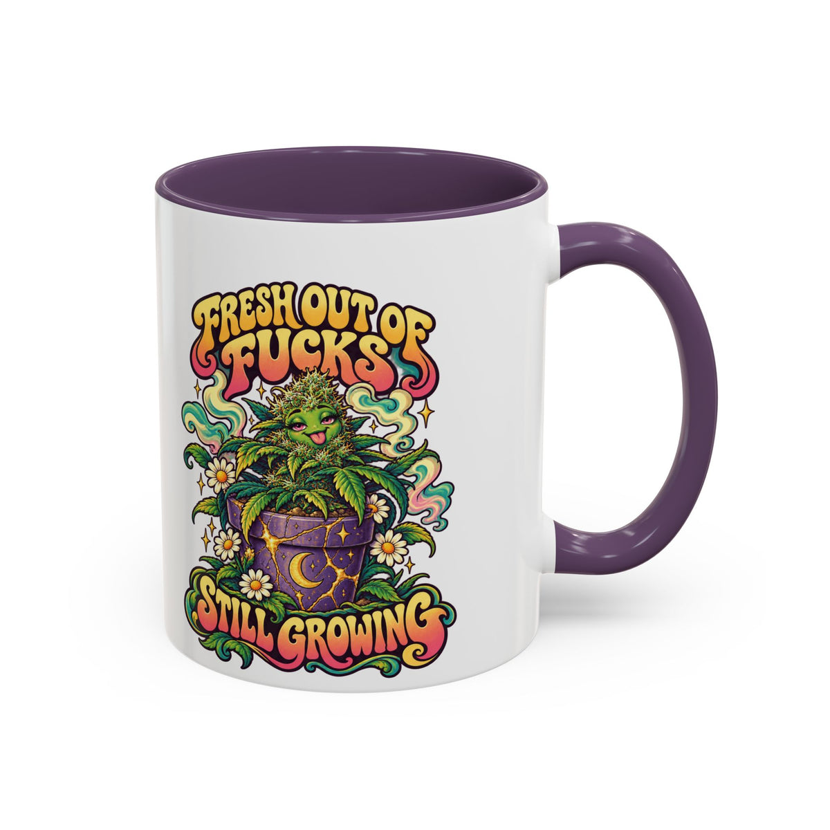 Fresh Out of Fucks, Still Growing Psychedelic Mug, 11oz Colour Accent Coffee Cup, ShmeeShmo
