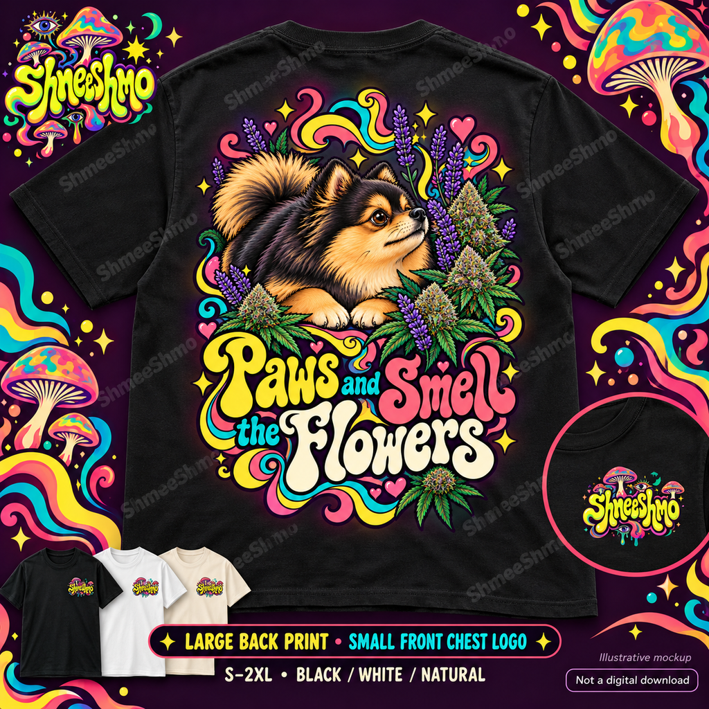 Paws and Smell the Flowers Pomeranian T-Shirt, Large Back Print, ShmeeShmo