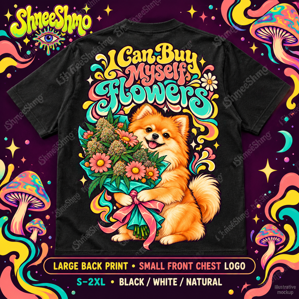 I Can Buy Myself Flowers Pomeranian T-Shirt, Large Back Print, ShmeeShmo