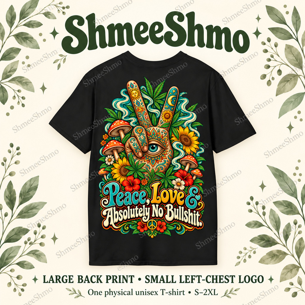 Peace, Love & Absolutely No Bullshit T-Shirt, Psychedelic Back Print, ShmeeShmo