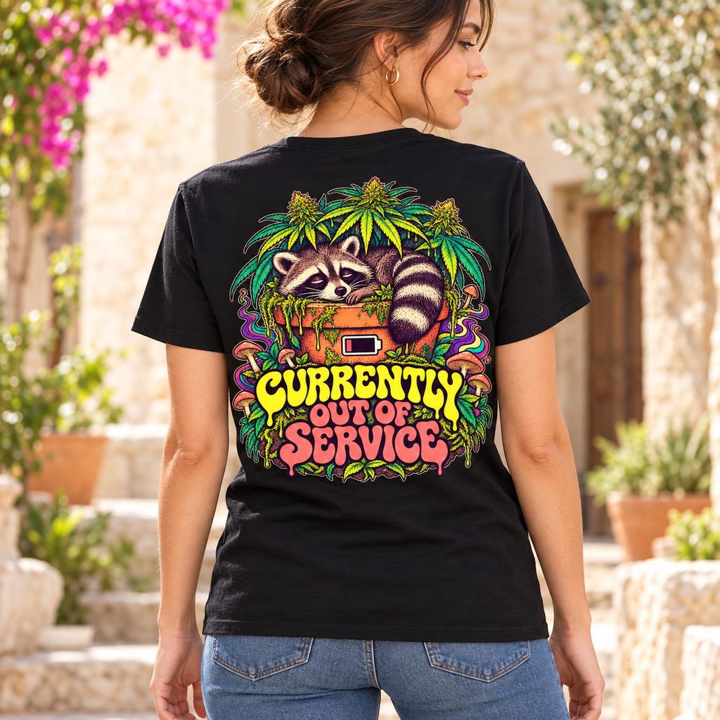 Currently Out of Service Raccoon T-Shirt, Large Back Print & Small ShmeeShmo Chest Logo