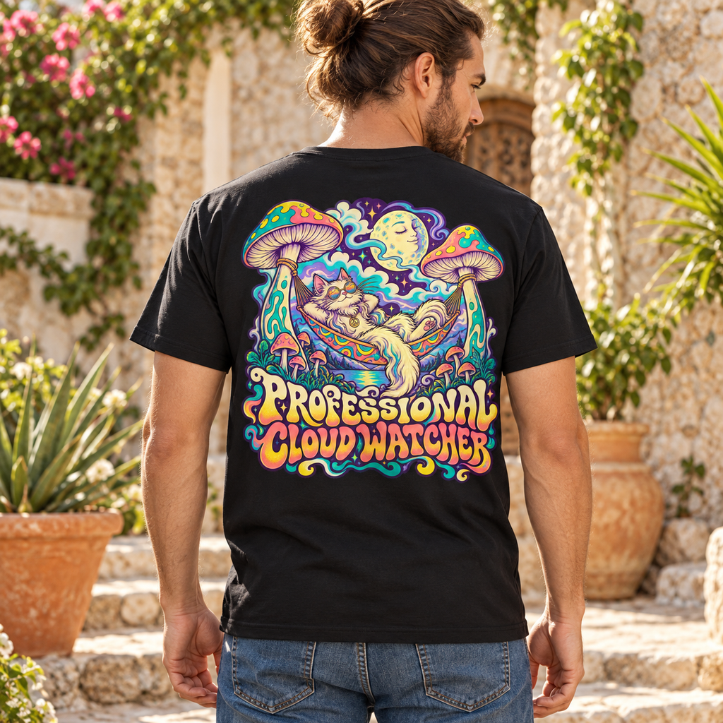 Professional Cloud Watcher Psychedelic T-Shirt, Large Back Print & Small ShmeeShmo Chest Logo