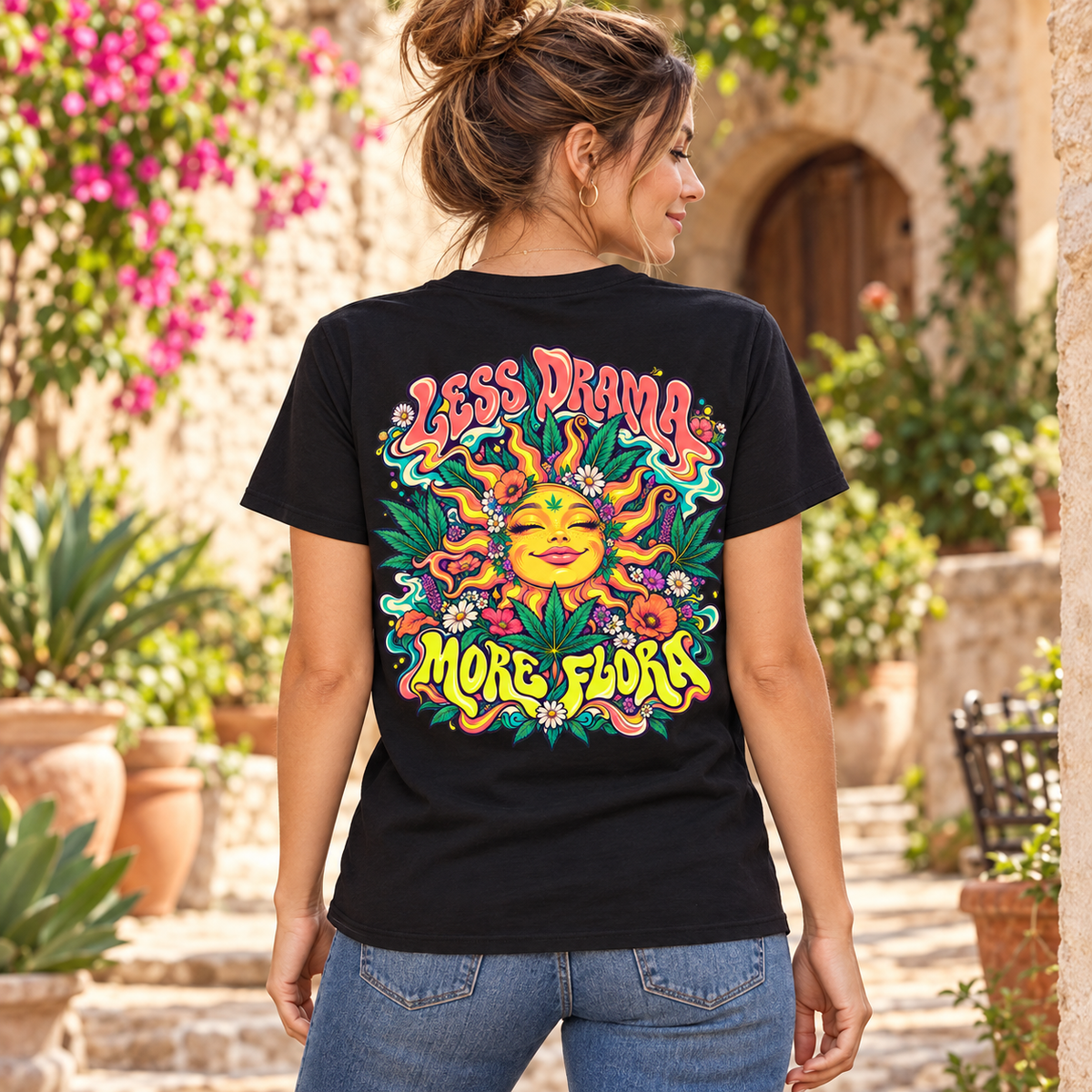 Less Drama, More Flora Psychedelic T-Shirt, Large Back Print & Small ShmeeShmo Chest Logo