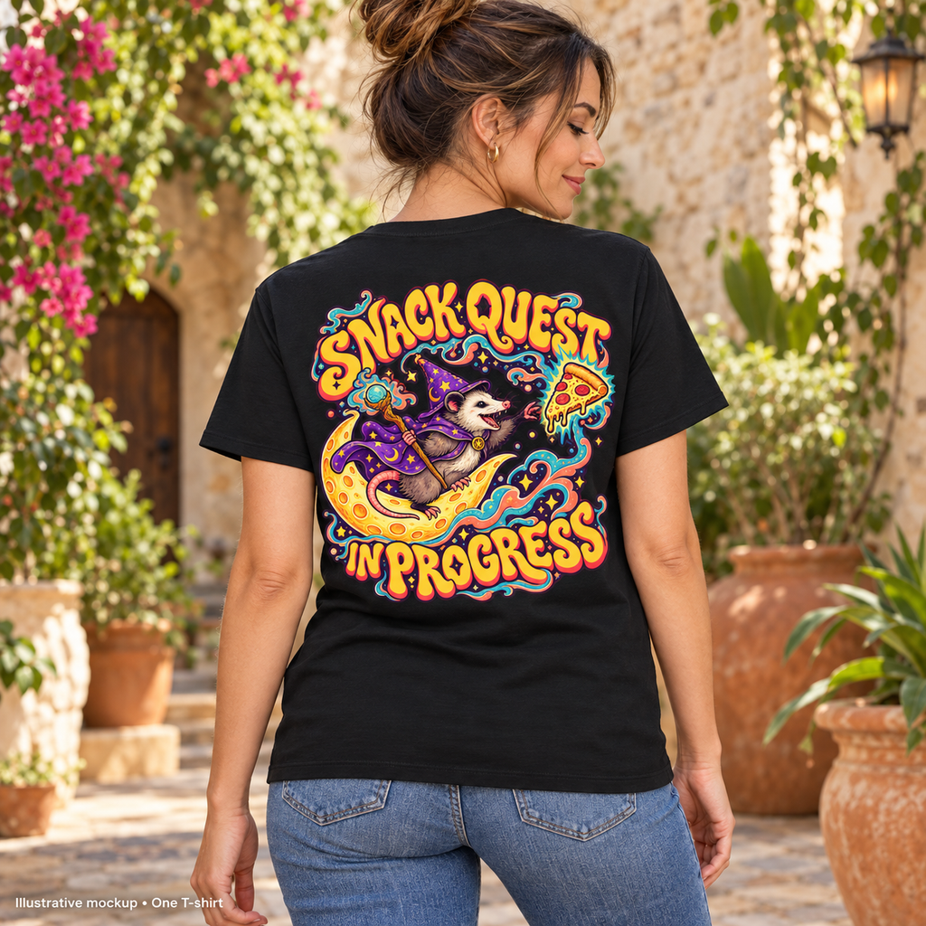 Snack Quest in Progress Psychedelic T-Shirt, Large Back Print & Small ShmeeShmo Chest Logo