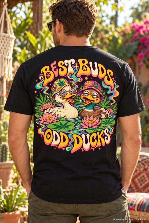 Best Buds, Odd Ducks Psychedelic T-Shirt, Large Back Print & Small ShmeeShmo Chest Logo