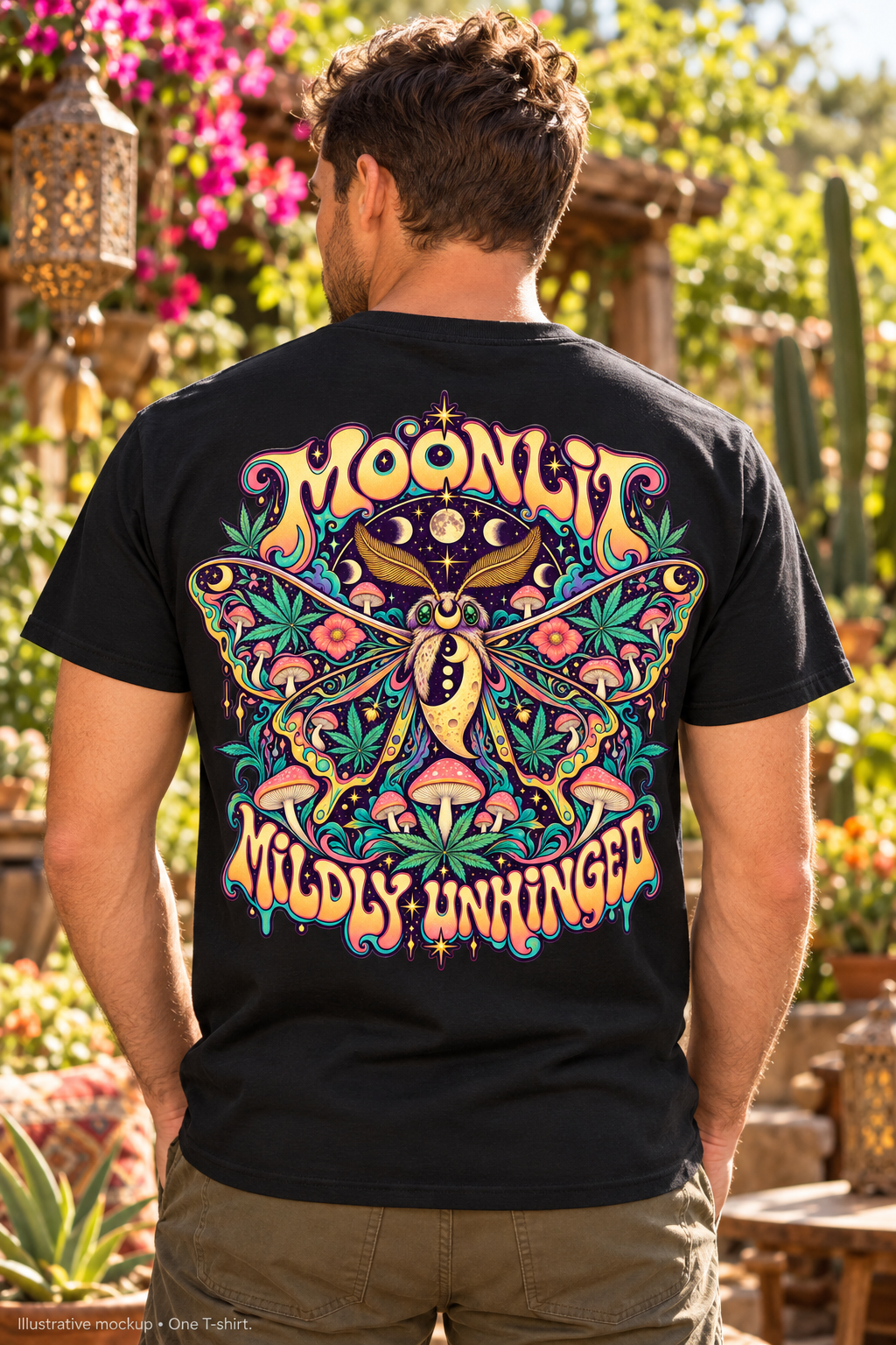 Moonlit, Mildly Unhinged Psychedelic T-Shirt, Large Back Print & Small ShmeeShmo Chest Logo