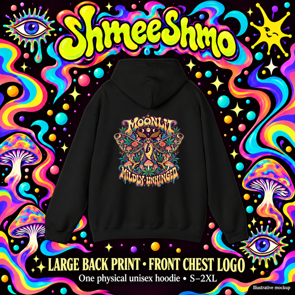 Moonlit, Mildly Unhinged Psychedelic Hoodie, Large Back Print & Small ShmeeShmo Chest Logo