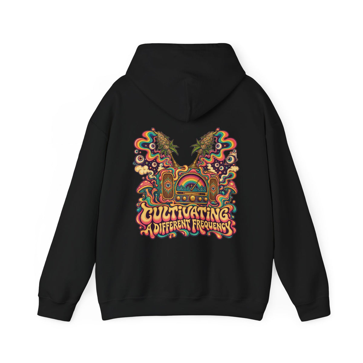 Cultivating a Different Frequency Psychedelic Hoodie, Large Back Print & Small ShmeeShmo Chest Logo