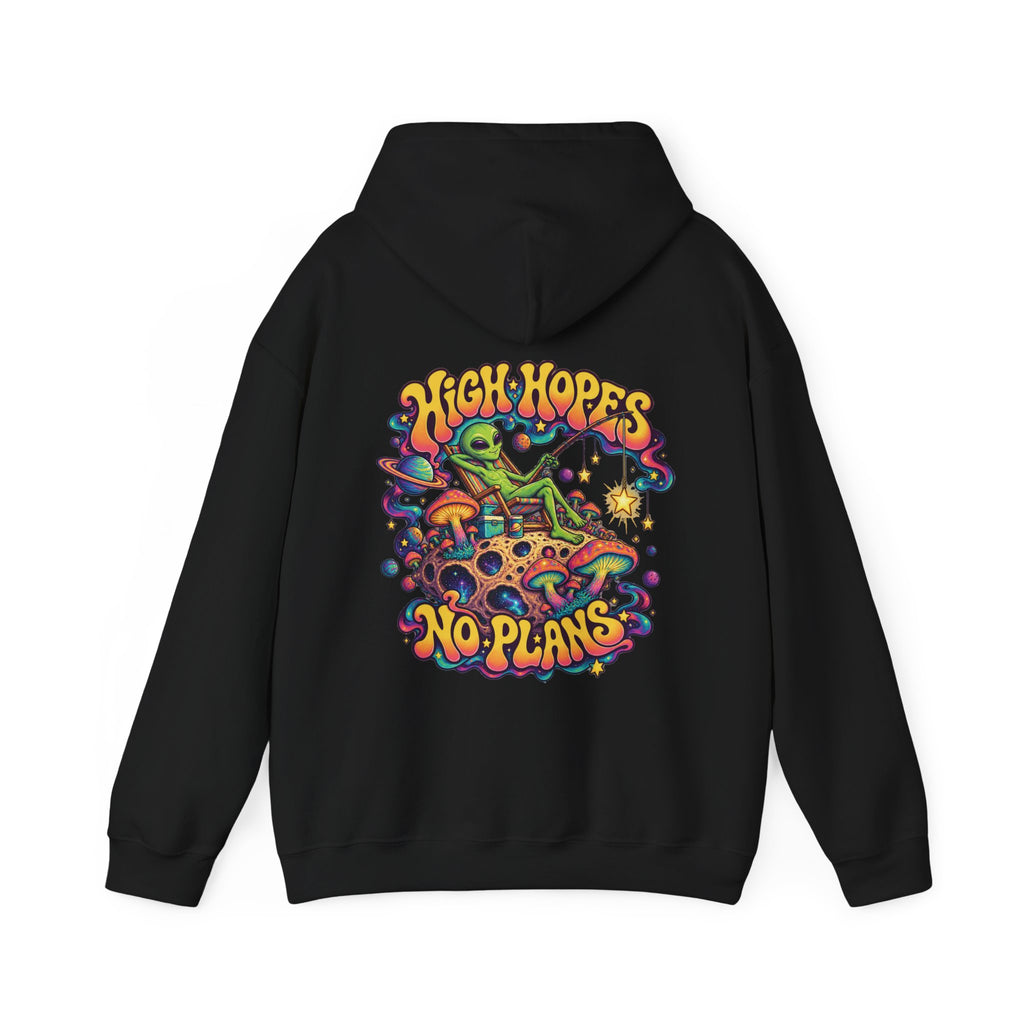 High Hopes, No Plans Psychedelic Hoodie, Large Back Print & Small ShmeeShmo Chest Logo