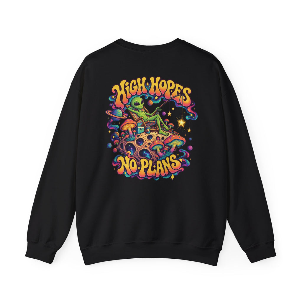 High Hopes, No Plans Psychedelic Sweatshirt, Large Back Print & Small ShmeeShmo Chest Logo