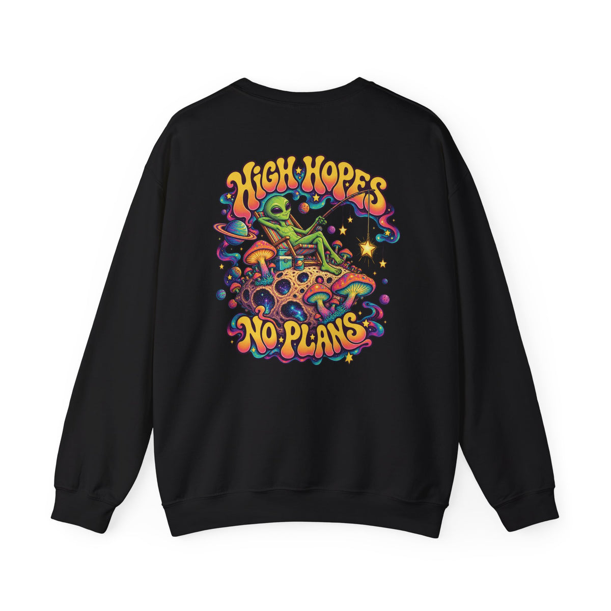 High Hopes, No Plans Psychedelic Sweatshirt, Large Back Print & Small ShmeeShmo Chest Logo