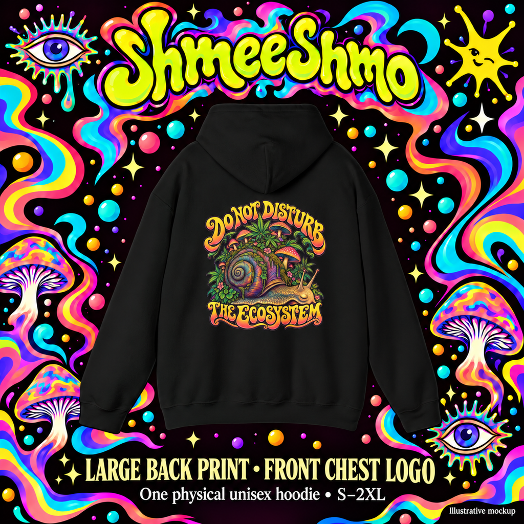 Do Not Disturb the Ecosystem Psychedelic Hoodie, Large Back Print & Small ShmeeShmo Chest Logo