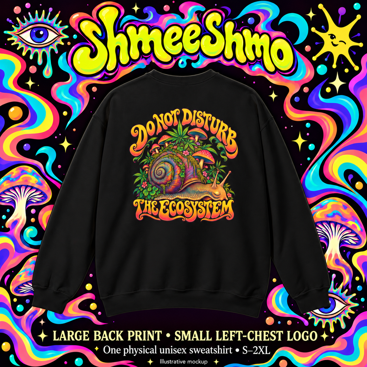Do Not Disturb the Ecosystem Psychedelic Sweatshirt, Large Back Print & Small ShmeeShmo Chest Logo