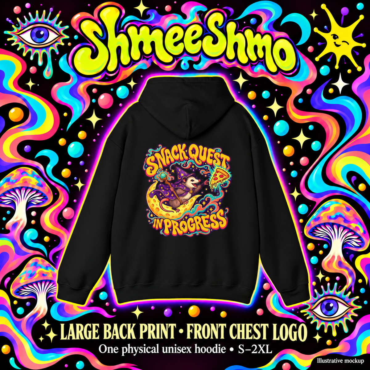 Snack Quest in Progress Psychedelic Hoodie, Large Back Print & Small ShmeeShmo Chest Logo