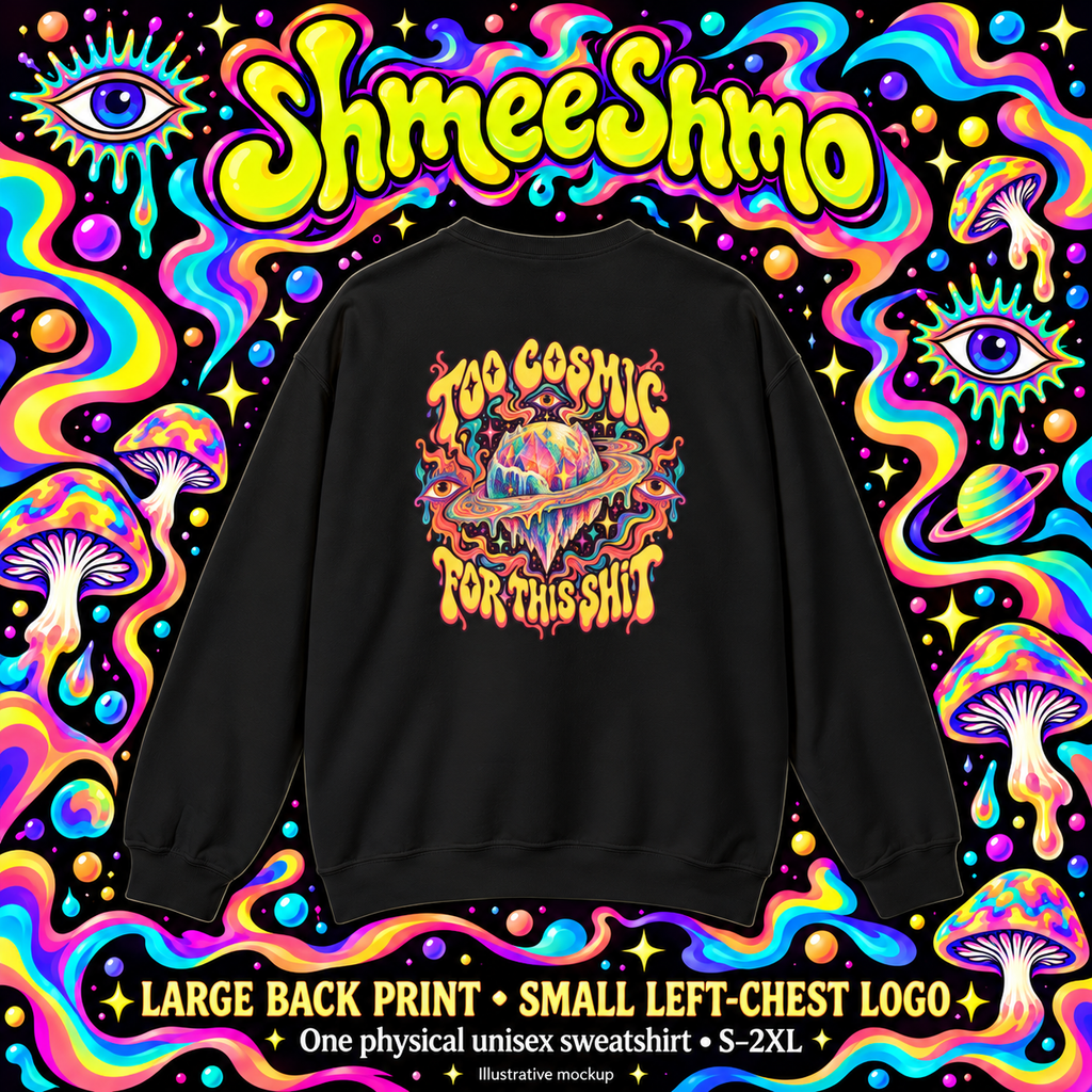Too Cosmic for This Shit Psychedelic Sweatshirt, Large Back Print & Small ShmeeShmo Chest Logo