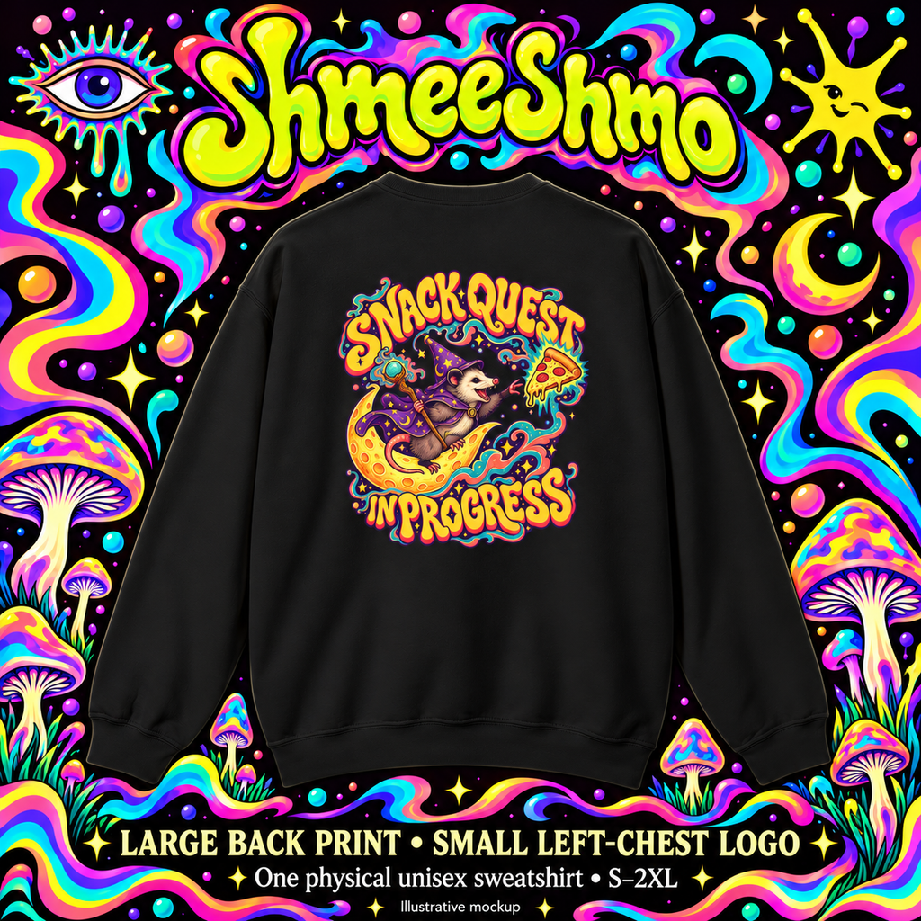 Snack Quest in Progress Psychedelic Sweatshirt, Large Back Print & Small ShmeeShmo Chest Logo