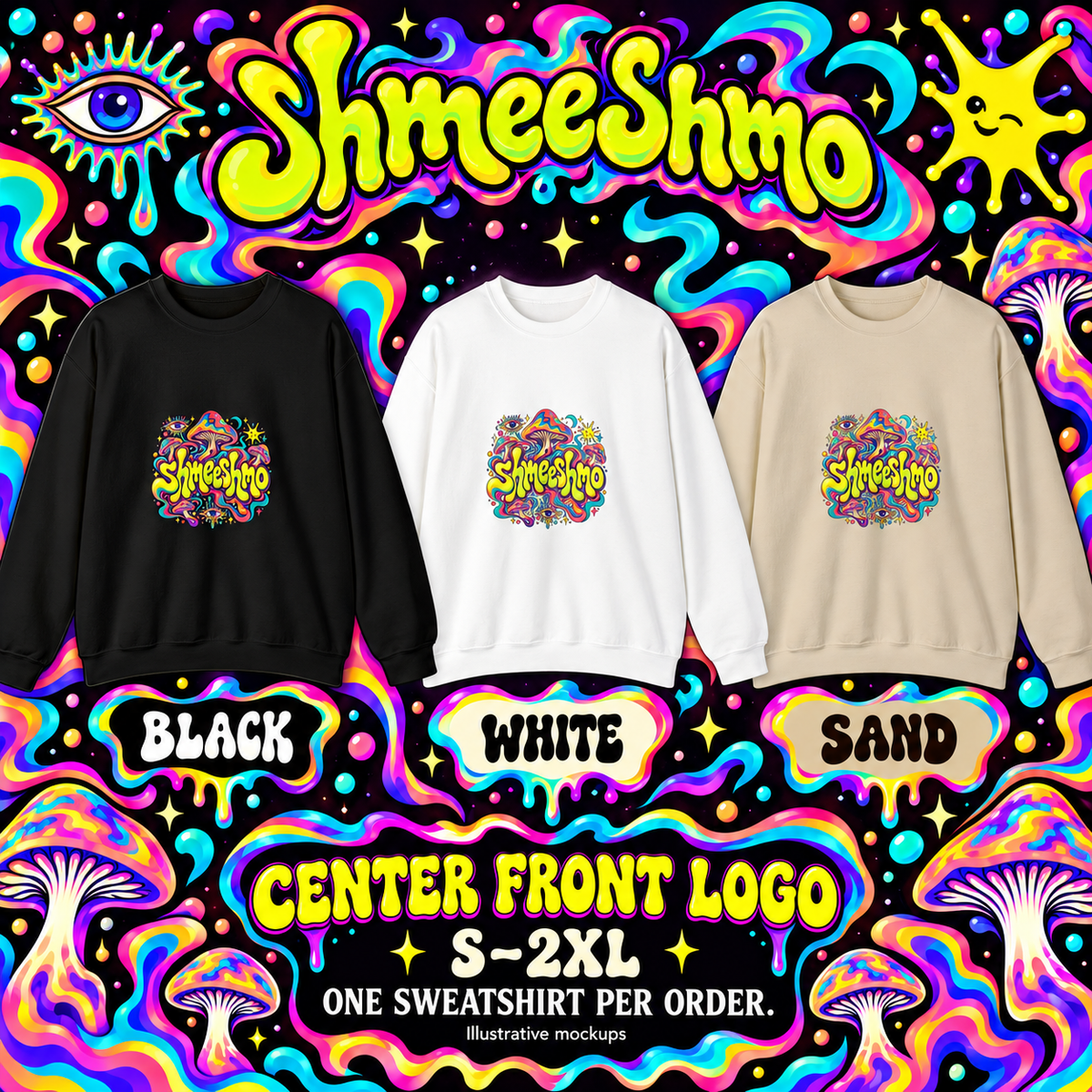 ShmeeShmo Psychedelic Mushroom Logo Sweatshirt, Unisex Crewneck