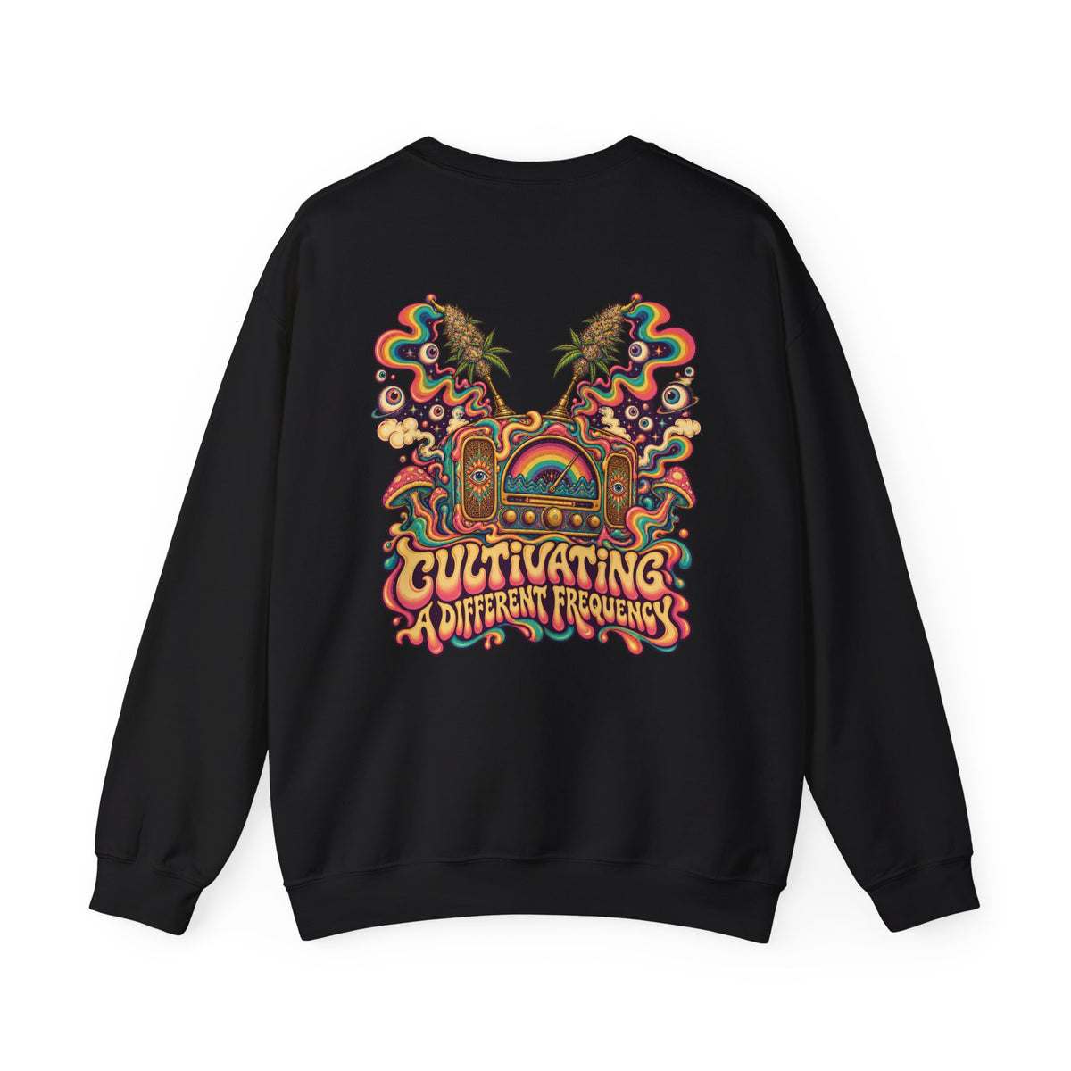 Cultivating a Different Frequency Psychedelic Sweatshirt, Large Back Print & Small ShmeeShmo Chest Logo