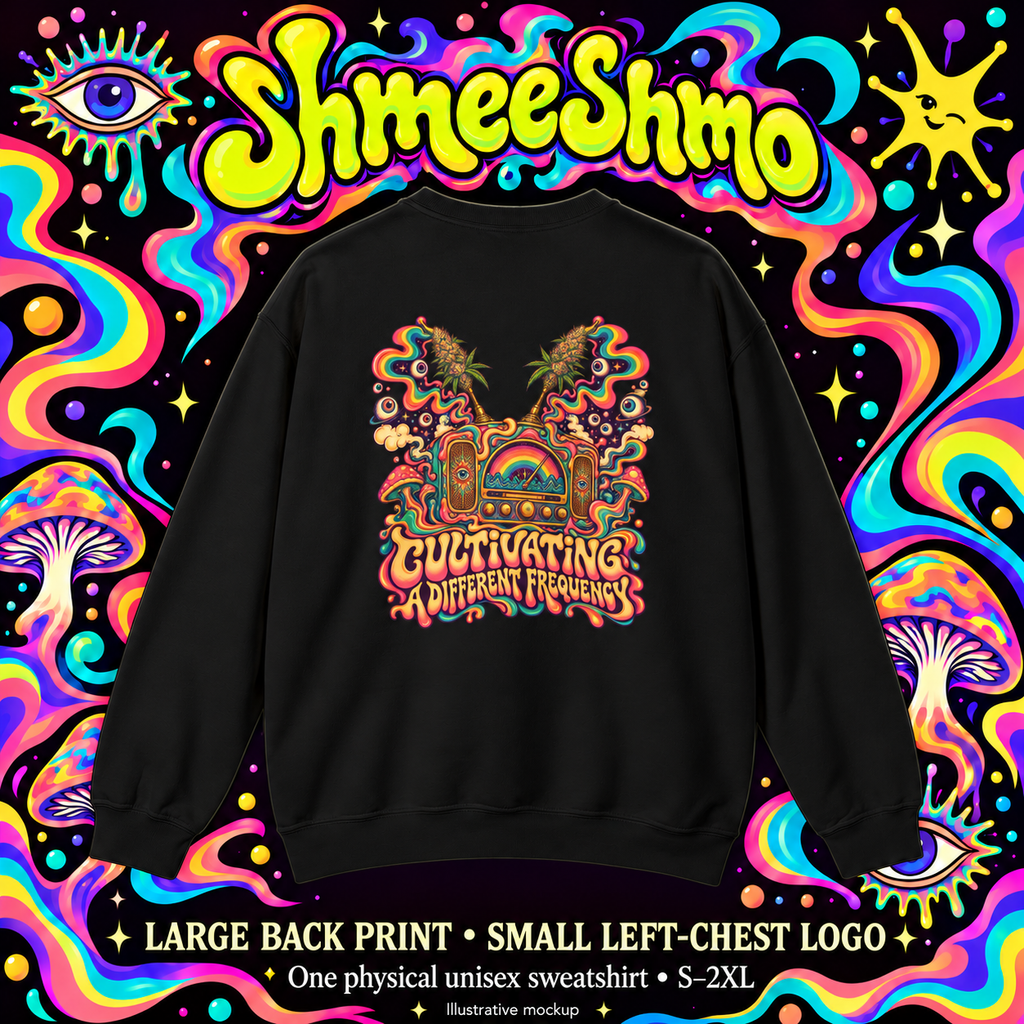 Cultivating a Different Frequency Psychedelic Sweatshirt, Large Back Print & Small ShmeeShmo Chest Logo