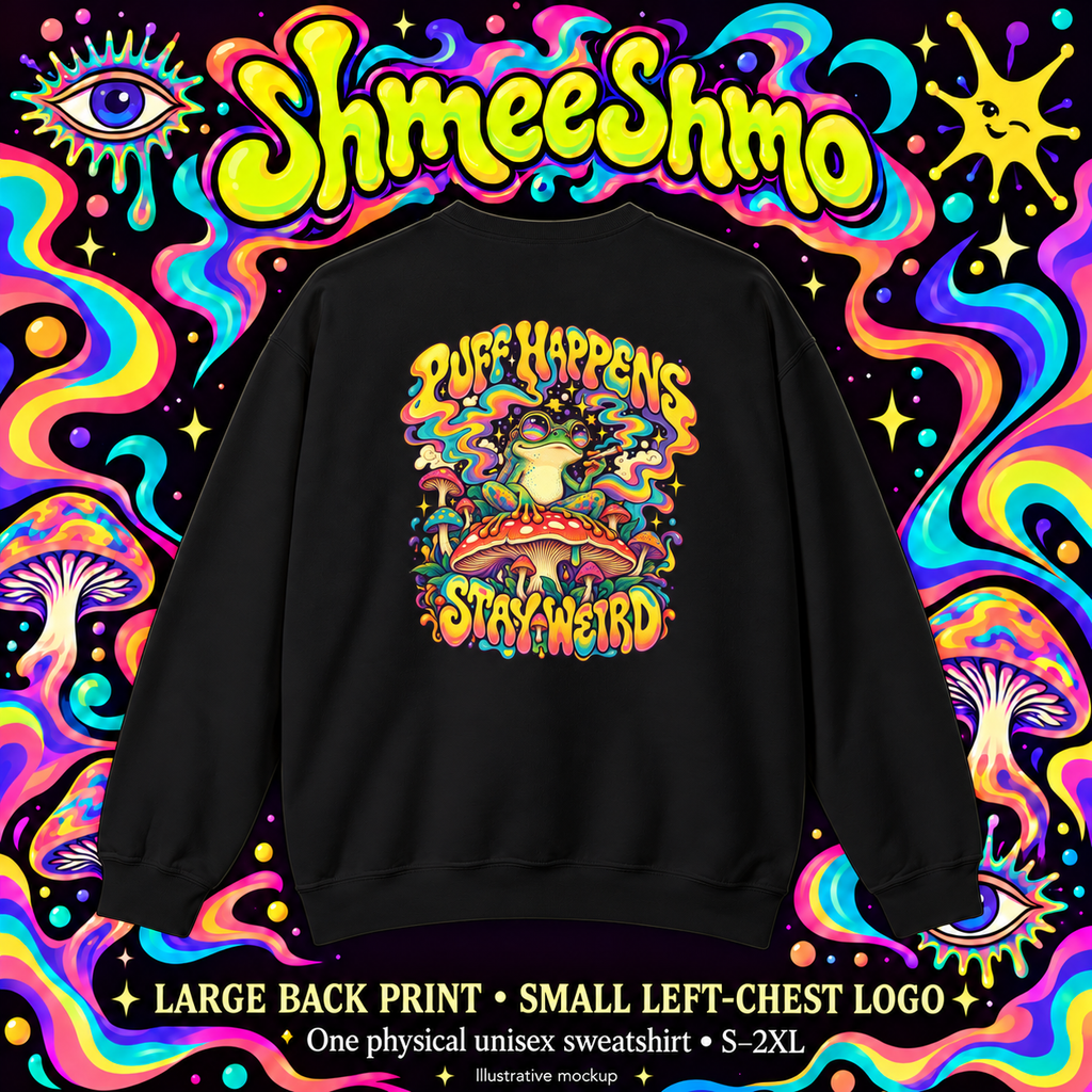 Puff Happens, Stay Weird Psychedelic Sweatshirt, Large Back Print & Small ShmeeShmo Chest Logo