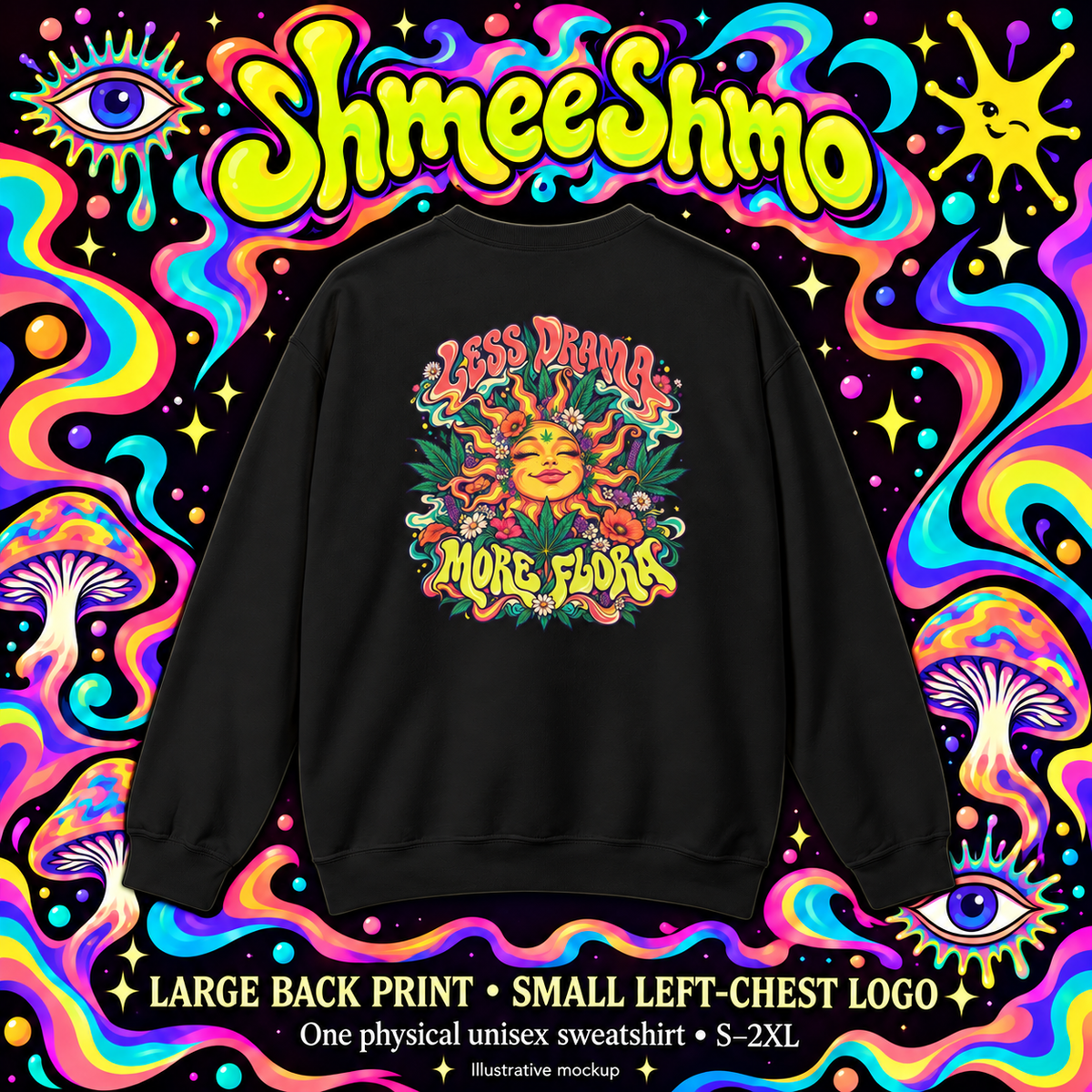 Less Drama, More Flora Psychedelic Sweatshirt, Large Back Print & Small ShmeeShmo Chest Logo